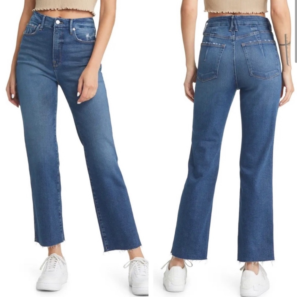 Good American Good Curve Straight Leg Jean High Rise Dark Wash Raw Hem 27